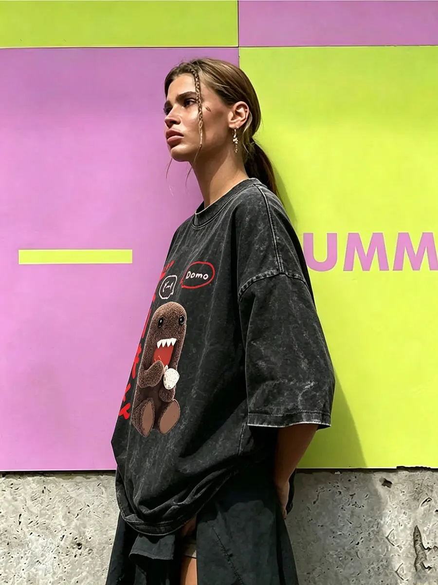 

Domo Kun Funny Japanese Style Washed Vintage T-shirt Men's Women Cotton Casual T Shirt Male O-Neck Oversized T-shirts Streetwear