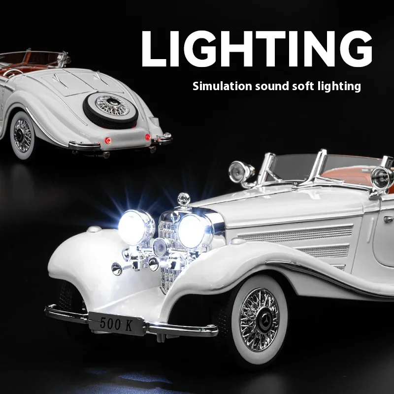 1:24 Mercedes Benz 500K Classic Vehicle Alloy Metal Diecast Car Model Sound & Light Desktop Collection Hobby Ornaments Gift Boy