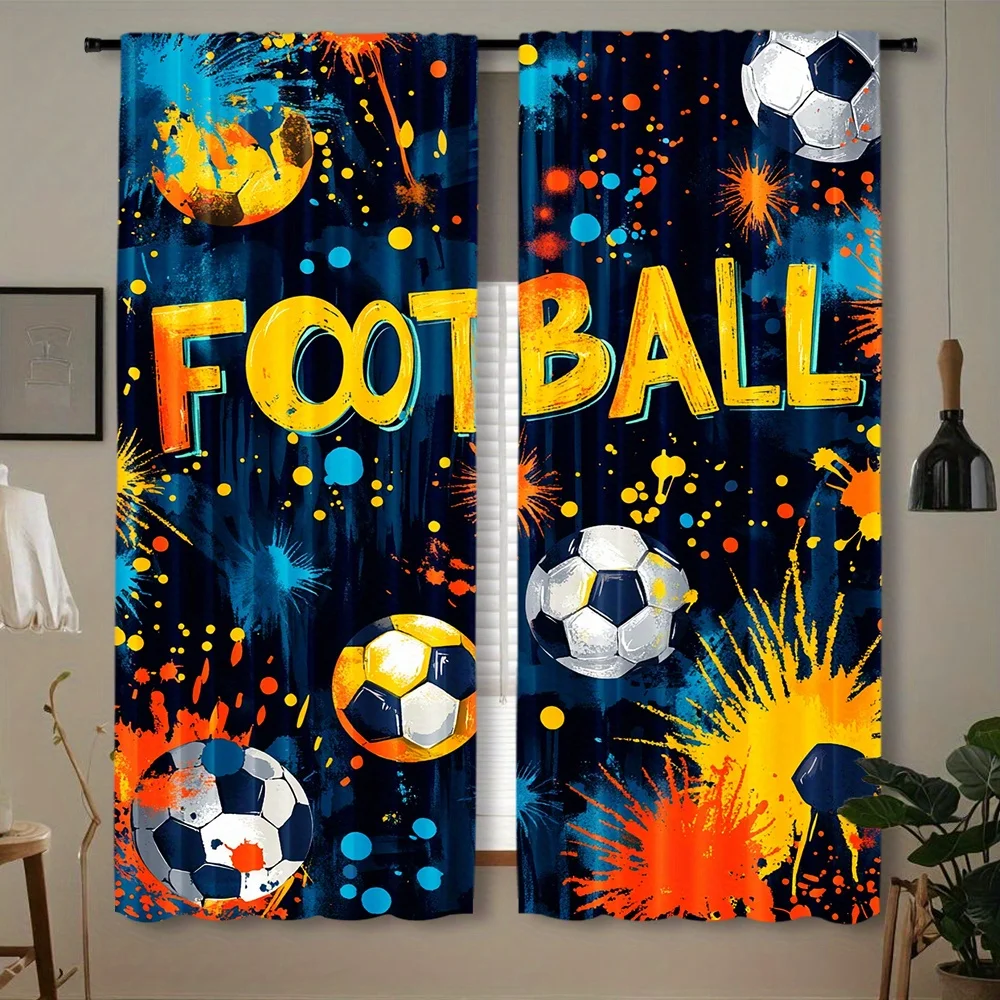 Football Soccer Curtain, Colorful Splash Sport Window Drape, Active Boy Room Decor, Blackout Fabric for Kids Bedroom Living Room