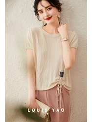 LOUIS YAO Women Knitwear T-shirt Casual Solid Color Round Neck Short Sleeve Drawstring Apricot Black Pink Women's Top