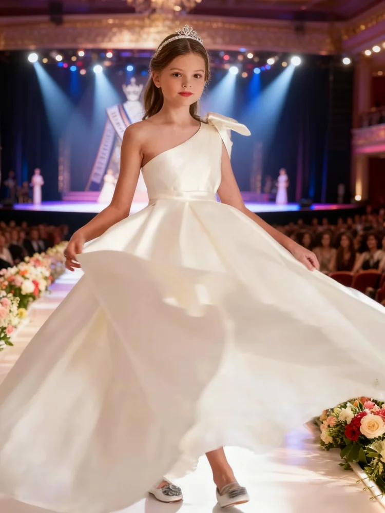 Maßgeschneidertes Satin-Blumenmädchenkleid mit einer Schulter und Schleife, Prinzessinnenkleid für Hochzeit, Kindergeburtstag, Erstkommunion, Abschlussball