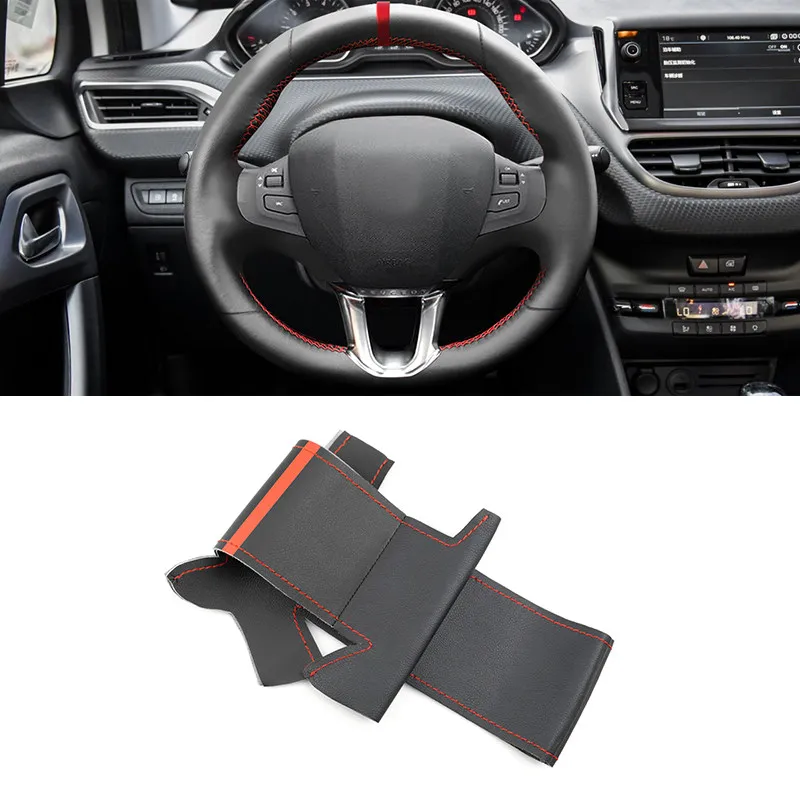 For Peugeot 208 2008 2014 2015 2016 2017 2018 Hand Stitched Car Steering Wheel Cover Microfiber Leather Trim With Red Strip Line