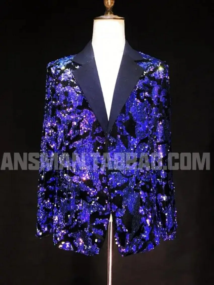 Chaqueta de cantante de club nocturno para hombre, traje ajustado de lentejuelas de colores azul-violeta para Dj, Moda Para escenario, 5xl, novedad