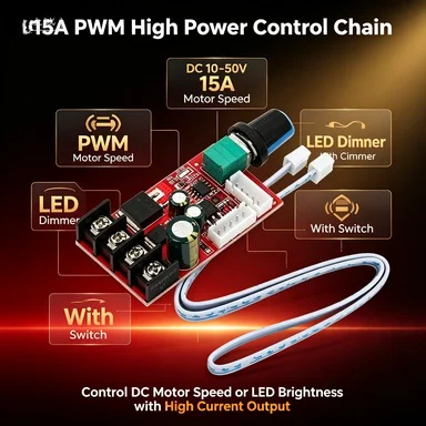 15A 10-50V DC Motor Speed Controller, PWM Stepless Speed Regulator LED Dimmer Board for DIY Projects