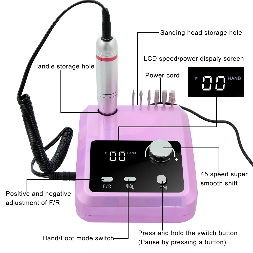 45000 U/min Hochwertige elektrische Nagelbohrmaschine Elektrische Feile HD-Display Metall-Maniküre-Stift Professioneller Nageldrehmaschinen-Schleifer