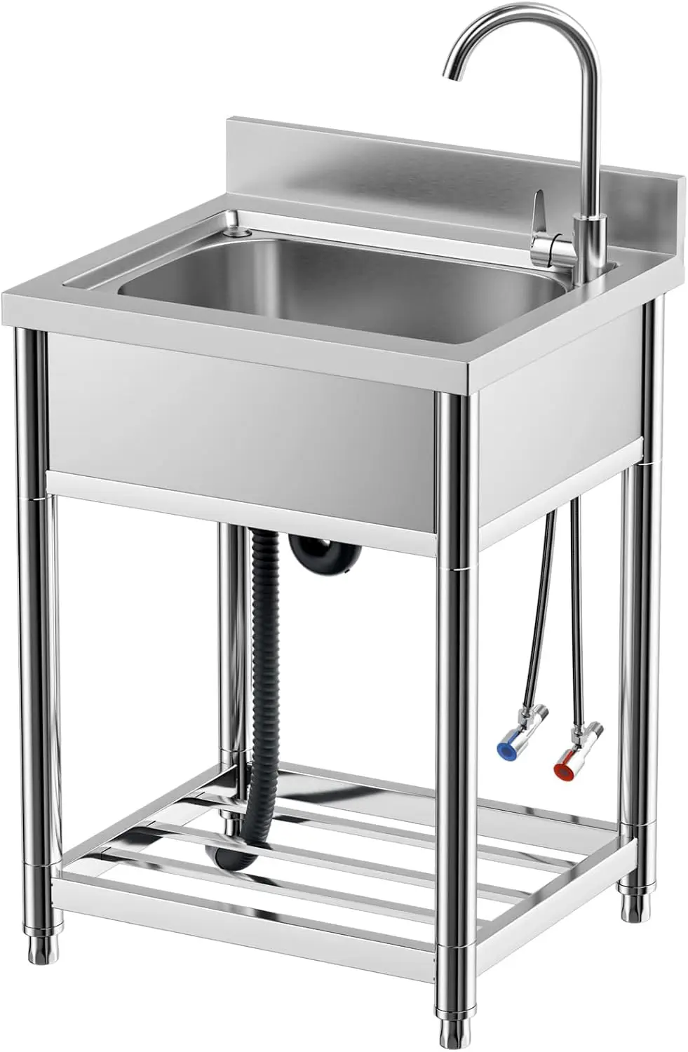 Free Standing Stainless-Steel Single Bowl Commercial Restaurant Kitchen Sink Set w/Faucet, Prep & Utility Washing Hand Basin