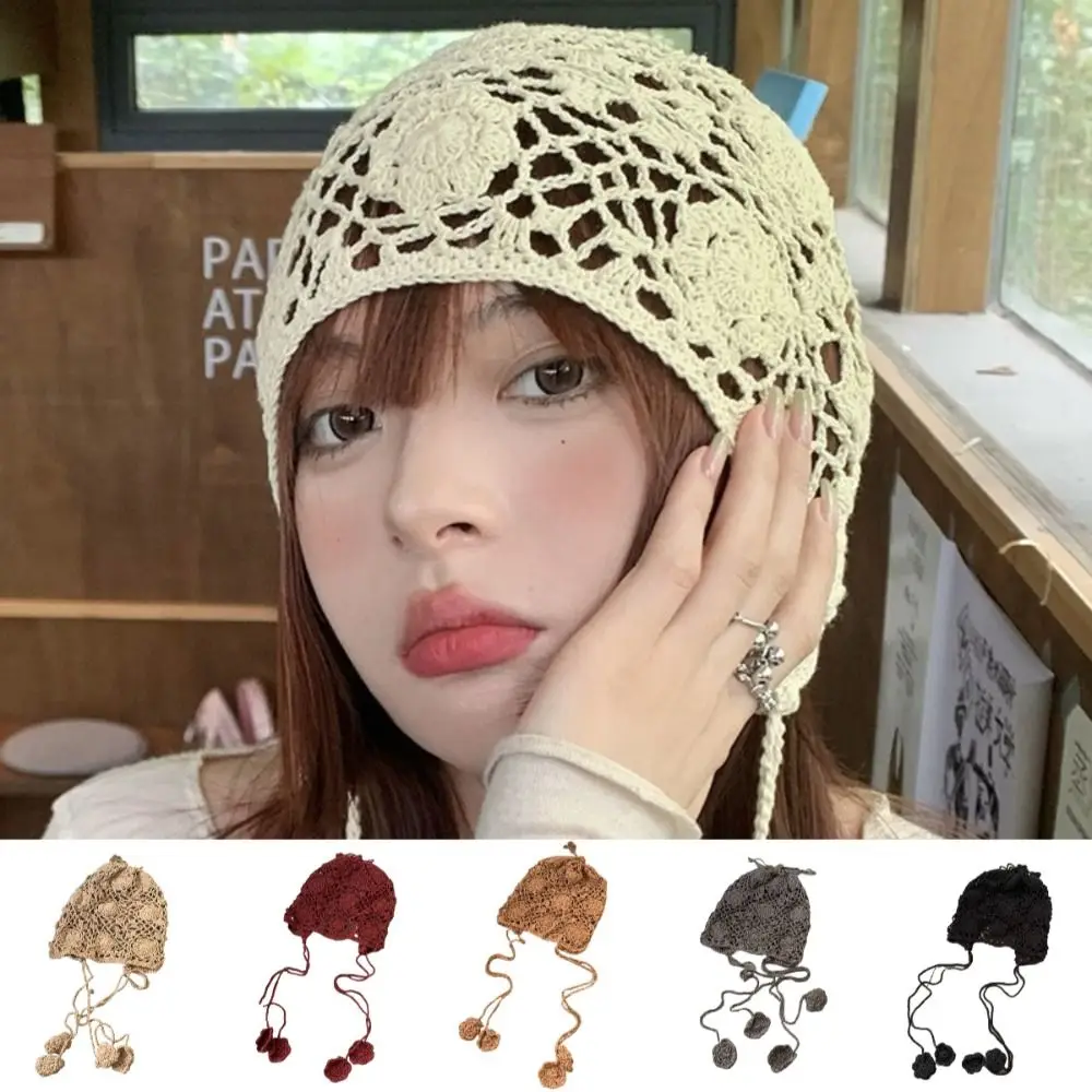 

Fashion Hollow Headed Hat Flower Crochets Handwoven Pile Hat with Tassels Breathable Ethnic Style Cap Women