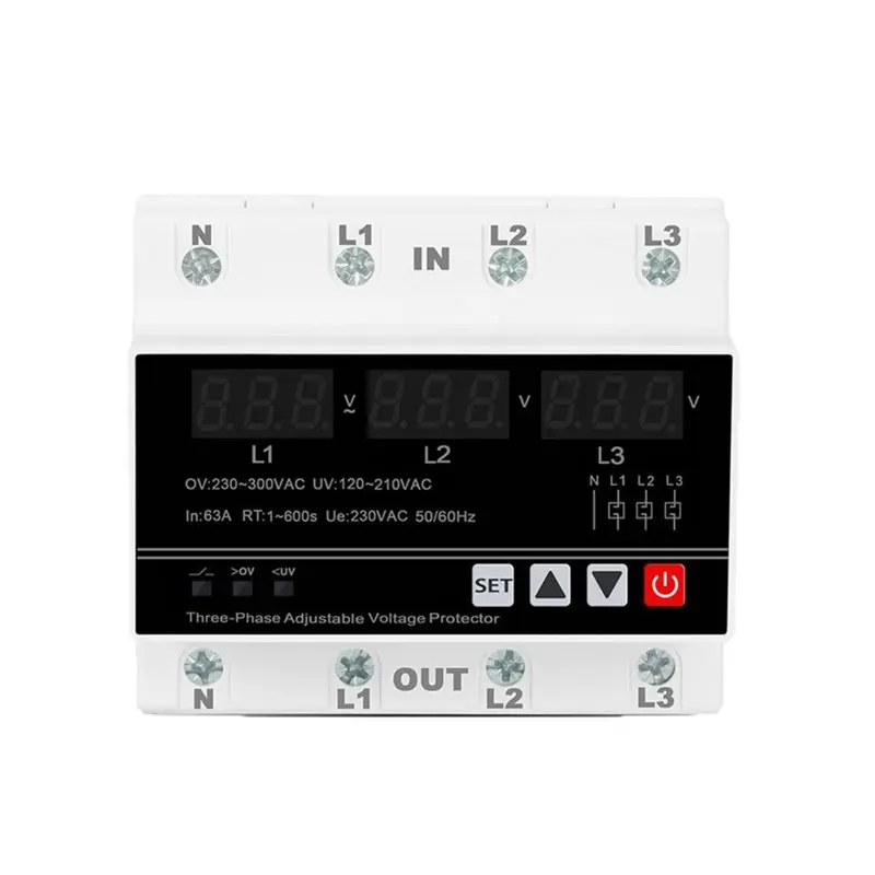 A02F-3 Phase Voltage Current Relay Protector 230-300VAC 3P Over Under Voltage Relay Current Limiter Adjustable Protector