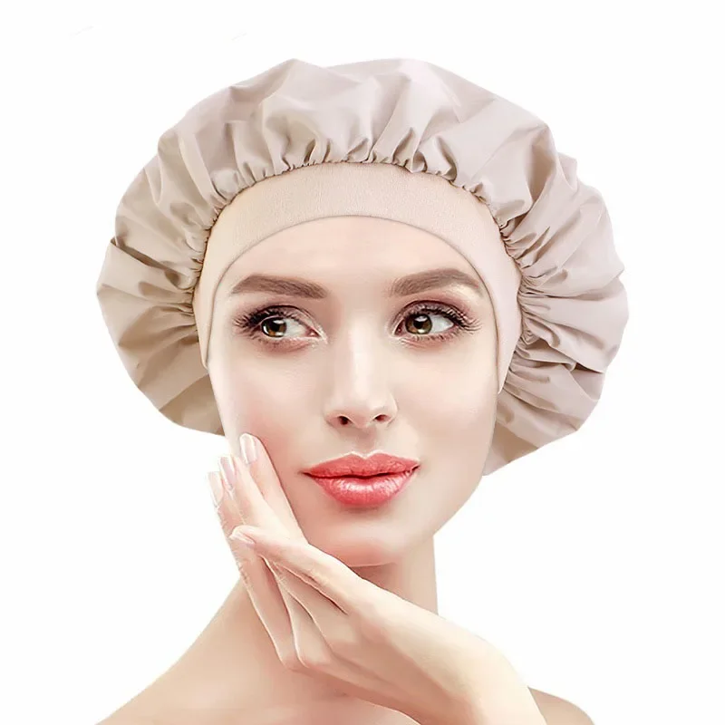 

New Women Night Sleep Hair Care Cap Silky Bonnet Satin Head Cover Elastic Wide Band Hat For Curly Hair Styling Accessories Solid