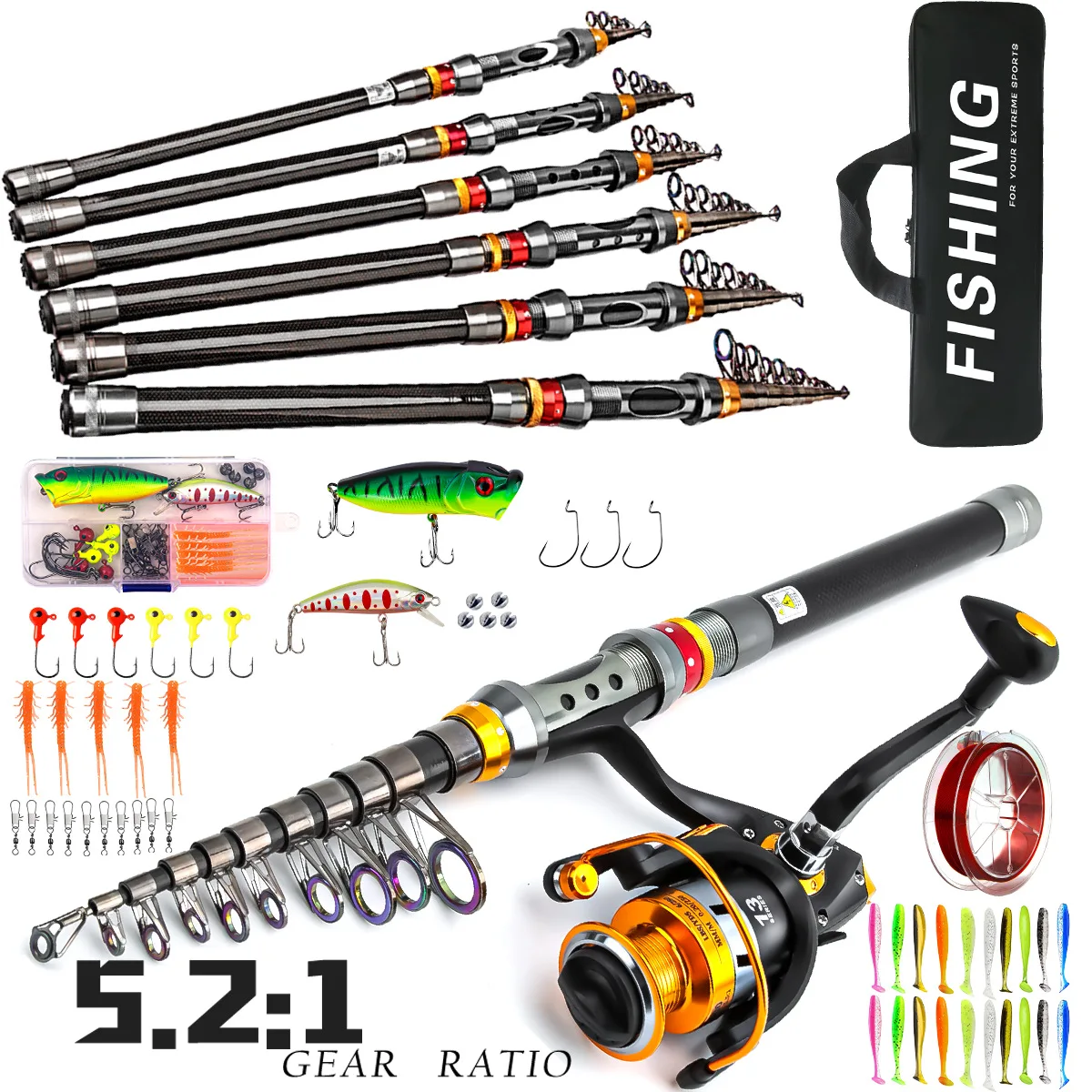 

1.8-3.6m Telescopic Fishing Rod Set And 5.5:1 Fishing Reel Wheel Portable Travel Fishing Rod Spinning Fishing Rod Combo For Bass