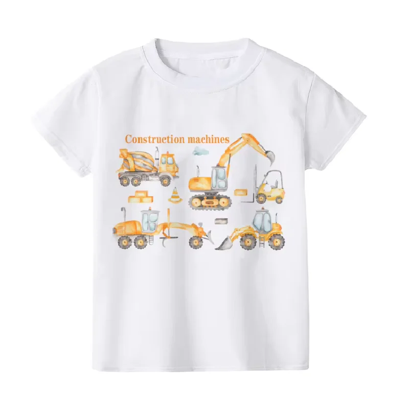 Summer Construction Machines Print Baby Boys Clothes Tractor Kids Tshirt Natural Work Zone Children Tshirt