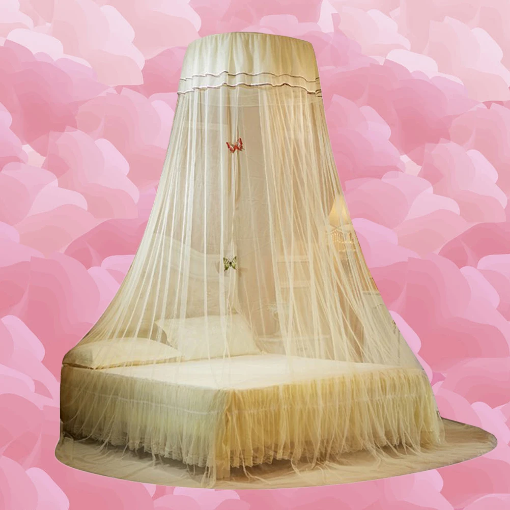 

1Pc Beige Ceiling Lace Bed Canopy Soft Polyester Fiber Dome Mosquito Net For Bedroom Insect Barrier