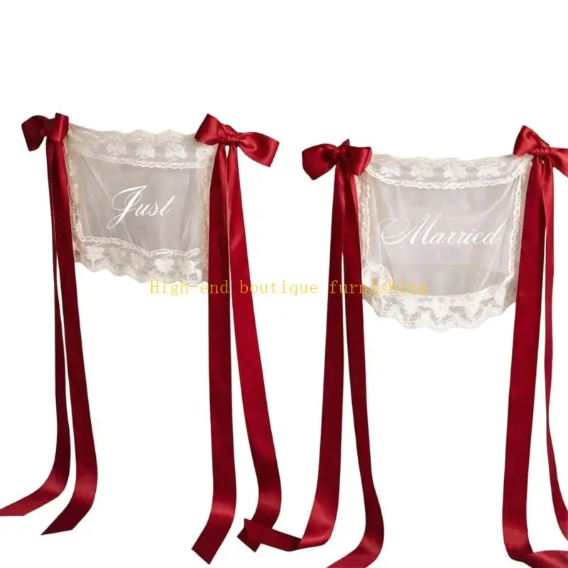 L9NB Sheer Wedding Chair Back Pair for Couple and Reception Seating Display Decorative Just Married Panels Seating Back Cover