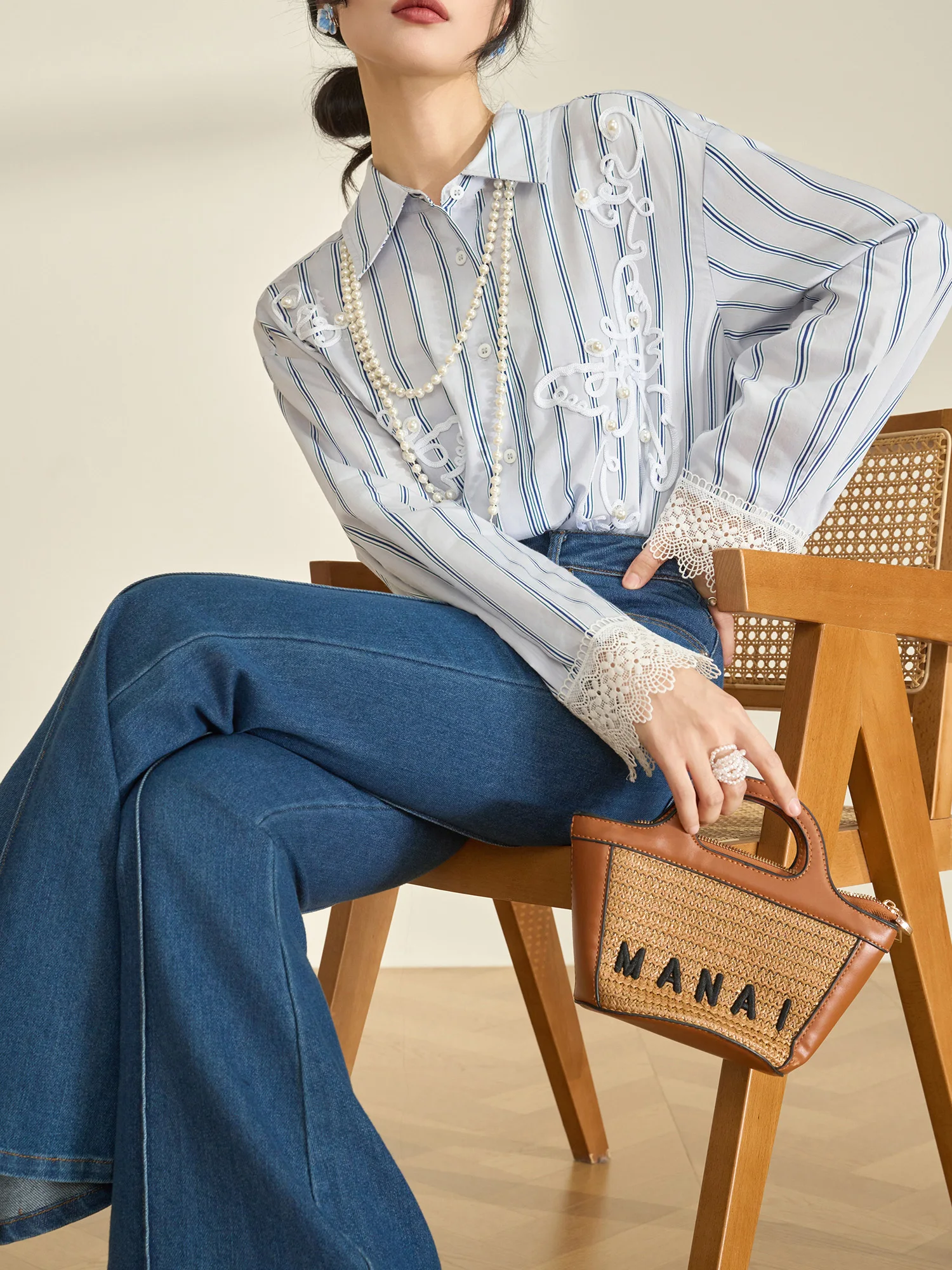 

Blue Striped Embroidered irt Women's Spring 2026 Unique Beautiful New Sle Casual Loose Fit Long Sve Button up Top