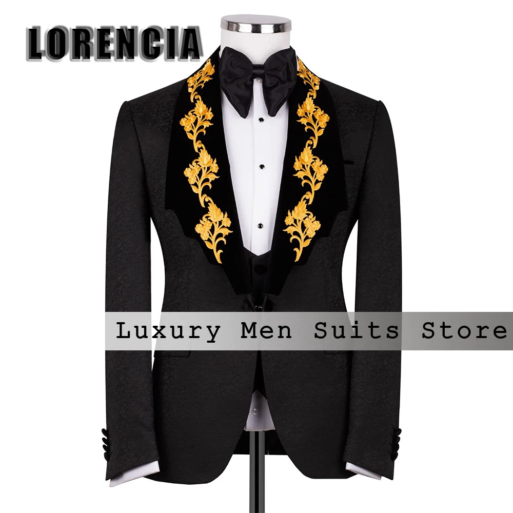 

Elegant Jacquard Male Suits 3 Pieces Applique Tuxedos Wedding Party Outfits Customized Blazer Pants traje juvenil masculino