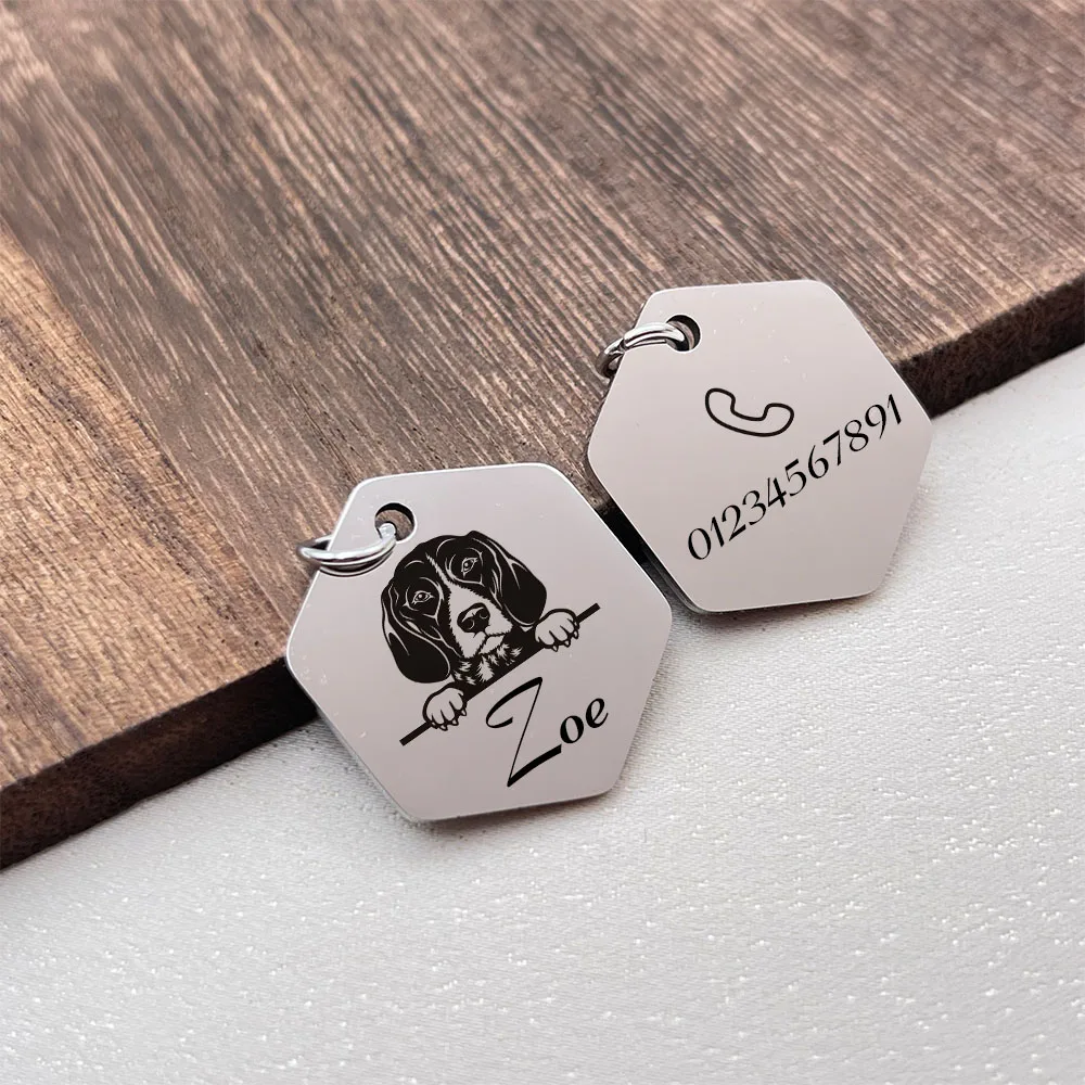 Personalized Dog Tag Hexagon Dog Name ID Tag Cat Tag Stainless Steel Pet Anti-lost Tag Puppy Accessories Dogs Collar Customized