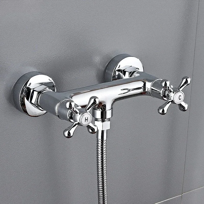 Wall Mounted Shower Faucet Hot and Cold Water Tap Shower Accessories Double Handle Double Control Brass Bathroom Mixer Faucet