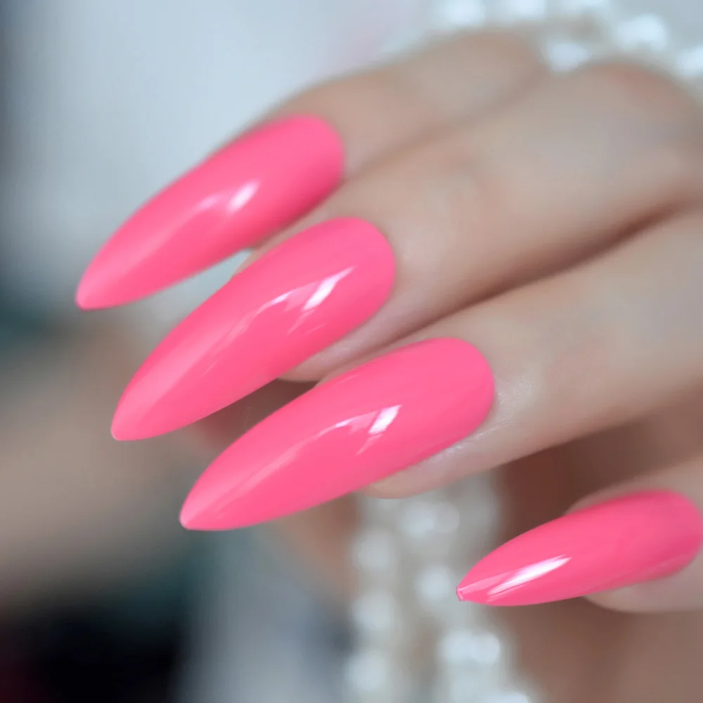 Hot Pink Extra Long False Nails Stiletto Tips Oval End Stilettos Fake Nail Rose Red Gel Manicure Artificial Nails Salon