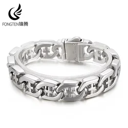 Fongten 21cm Cross Bracelets For Men Stainless Steel Cuban Link Chain Wristband Bangle Bracelets Silver Color Male Jewelry