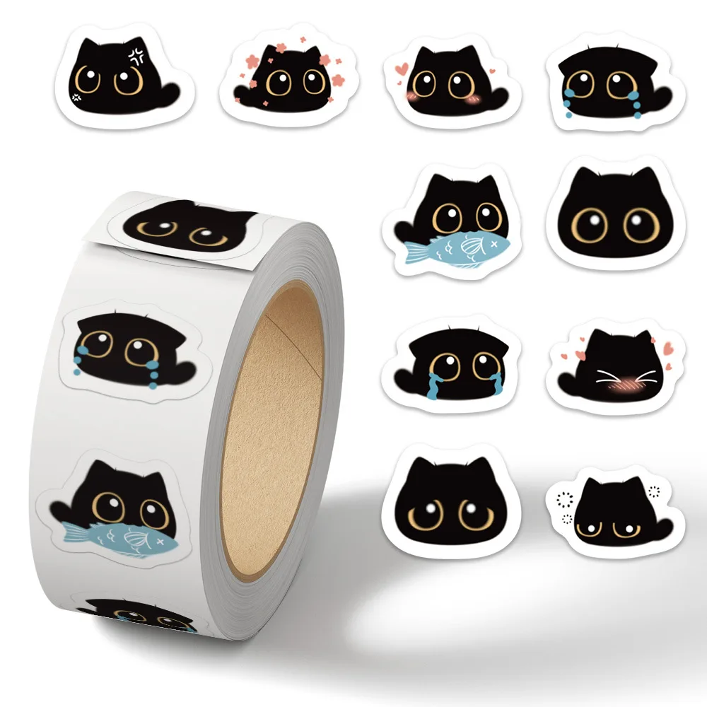 500 stücke Nette Lustige Schwarze Katze Brikett Aufkleber Rolle Kawaii Cartoon DIY Schreibwaren Telefon Gepäck Dicht Aufkleber Belohnung Geschenk Spielzeug