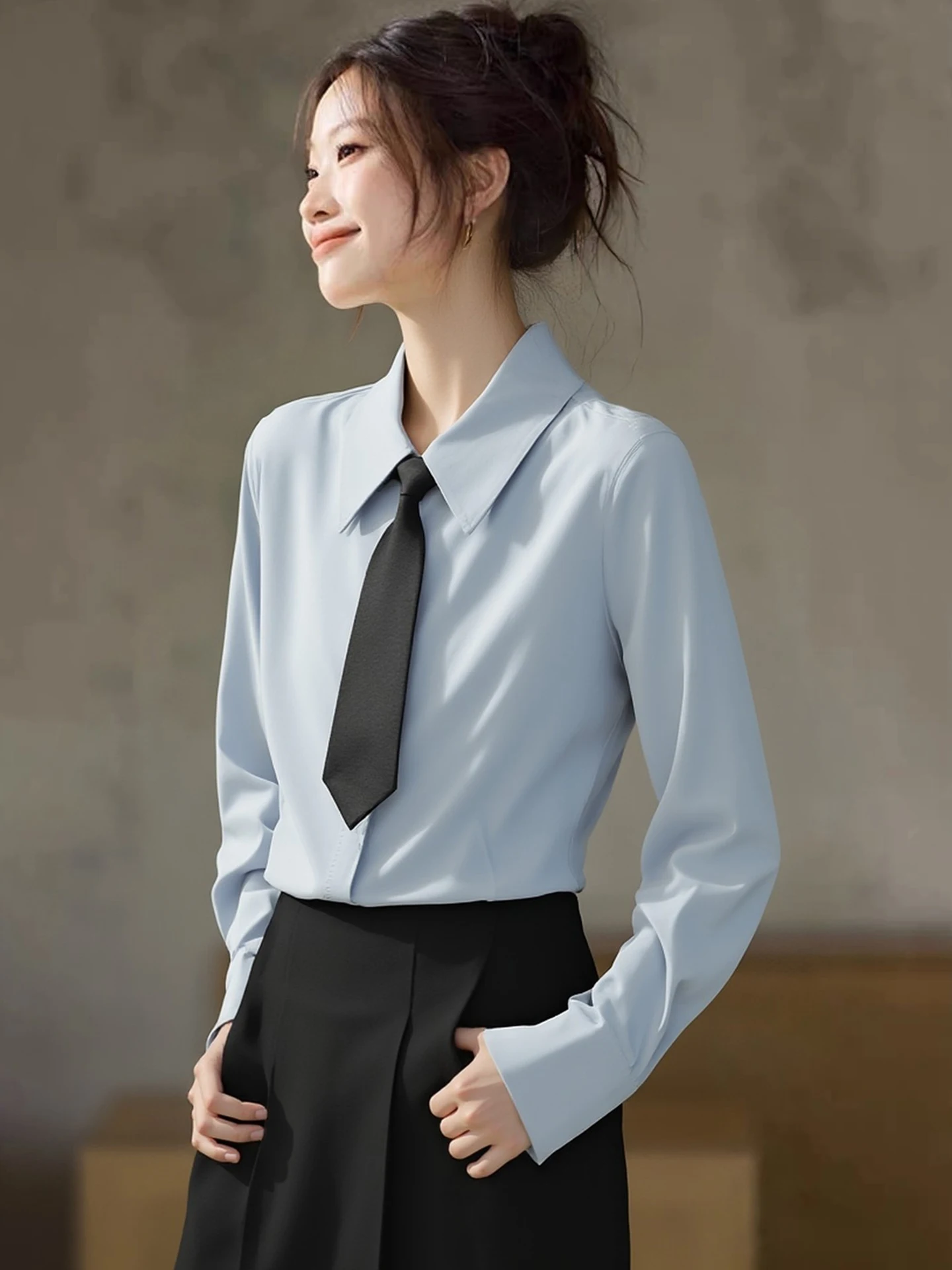 

Элегантная рубашка с длинным рукавом на одной пуговице, универсальный топ с воротником для офиса, весенняя мода в корейском стиле, прямой крой