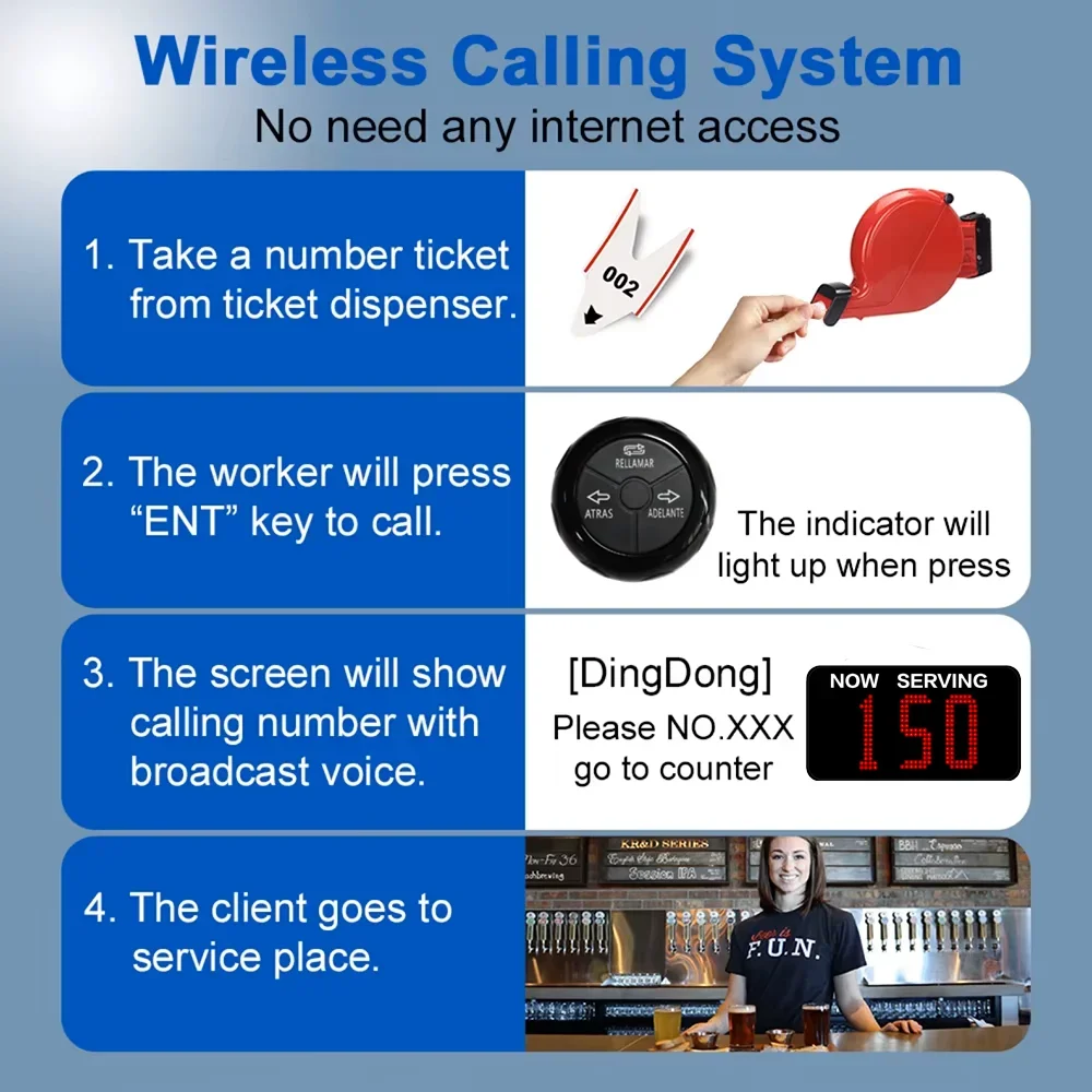 Wireless Queue Calling System 3-Digit LED Waiting Number Management Ticket Dispenser for Hospital Bank Clinic Restaurant