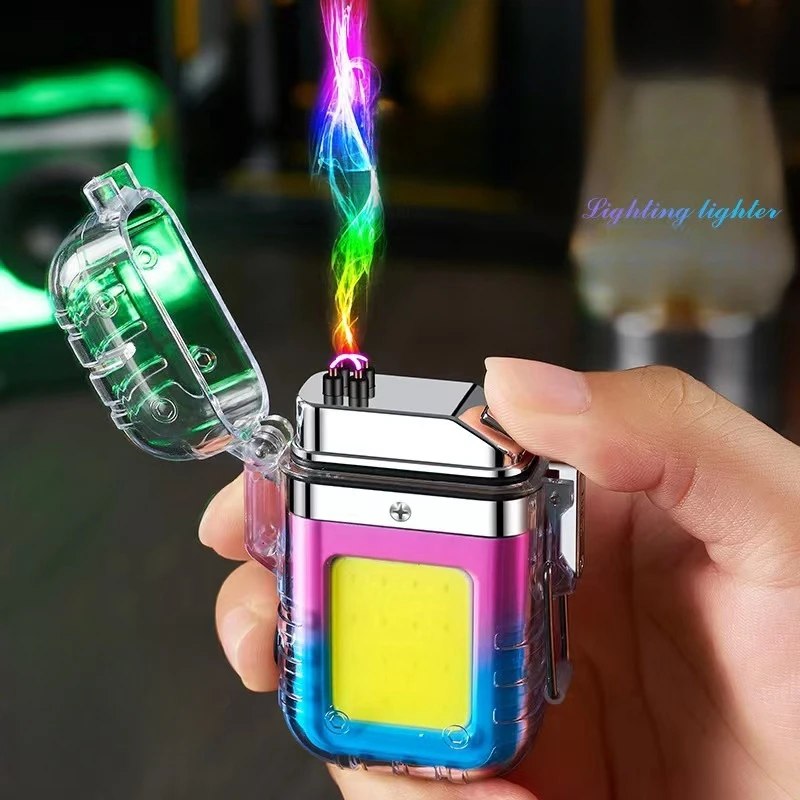 New Outdoor Camping Transparent Waterproof Dual Arc Lighter Creative Type-C Rechargeable USB Lighter With Light Portable Lighter