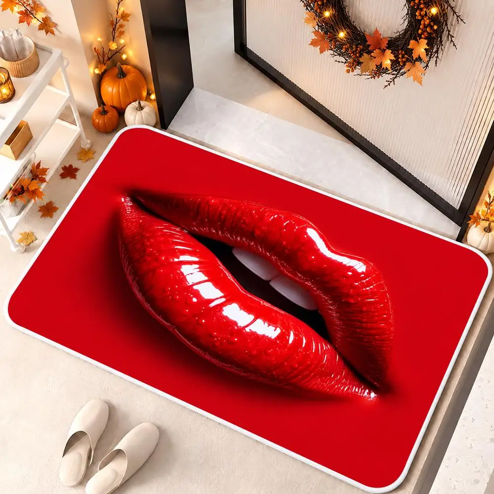 Glossy Red Lips Floor Mat Soft Flannel Floor Mat Cloud Feel Non-slip Bath Rug Machine Washable Foam Carpet Door Mat