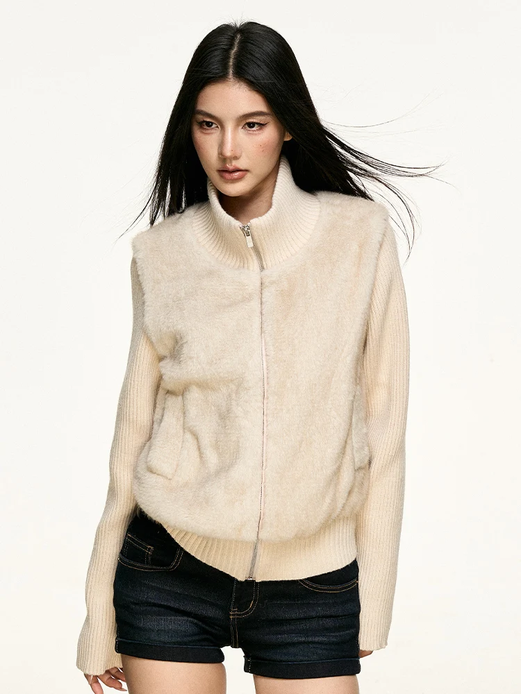 

Женское короткое пальто Aaisup из искусственного меха с вязаными вставками, новинка осенне-зимнего сезона, с воротником-стойкой, теплое, пушистое, верхняя одежда