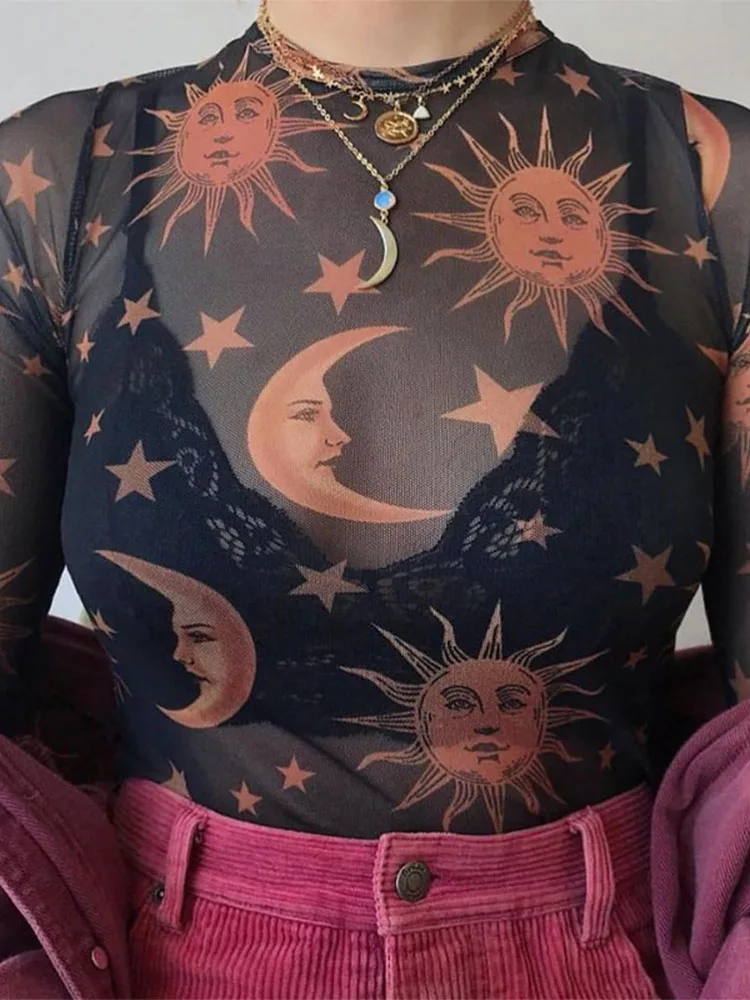 Sun Moon Printed Transparent Mesh Sexy T-Shirt Women O-Neck Long Sleeve Slim Basic Casual Female Tops 2023 Spring New