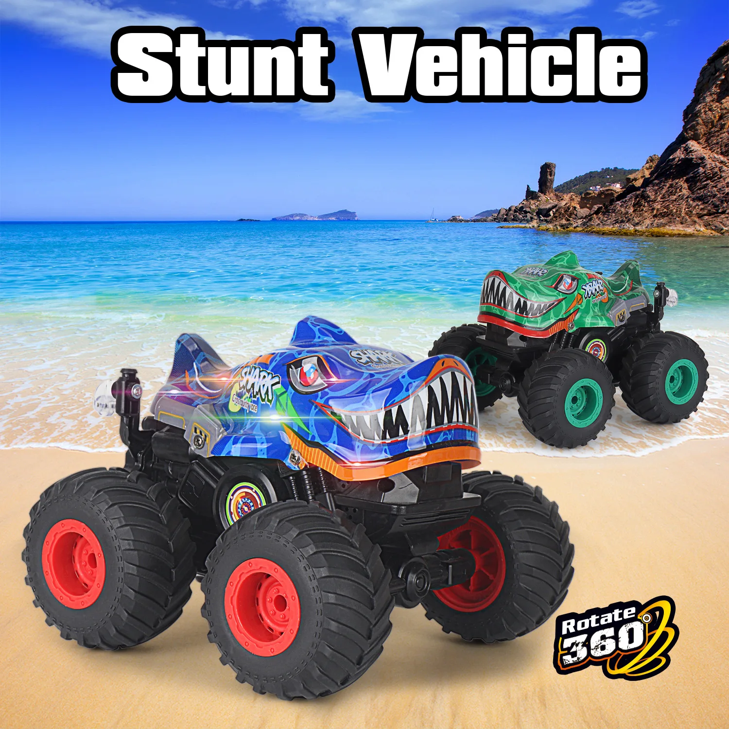 

New music, lighting, off-road remote control stunt car, upright rotating big footed shark head children's toy car