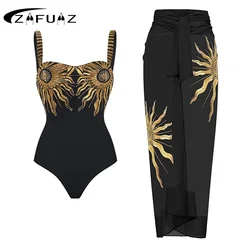 ZAFUAZ 2024 Sexy 3 Piece Printd Flower High Waist Bikini Set One Shoulder Swimwear Skirt Women Swimsuit Beachwear Bathing Sui