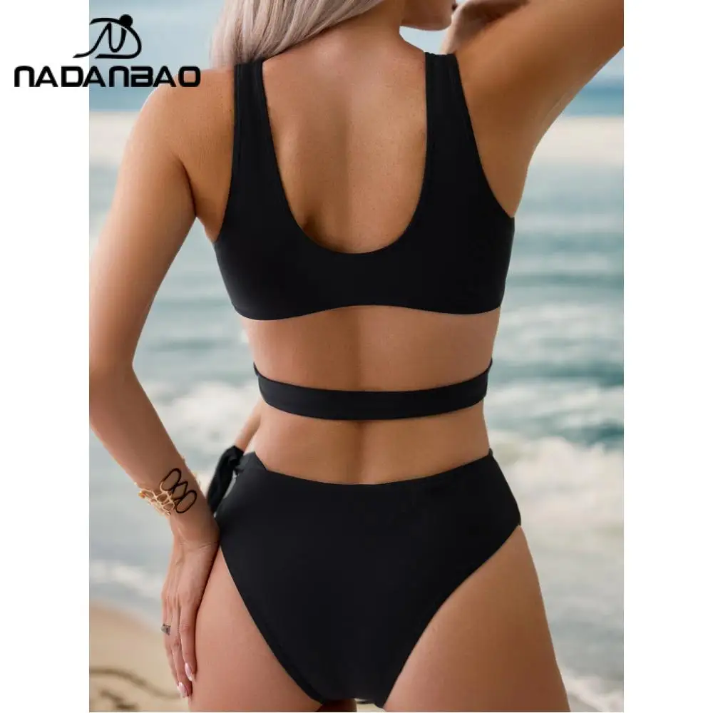 Nadanbao Black Slim Sexy Bikini Green Floral Print Women's One-piece Swimsuit Deep V Neck Bathing Suit Sexy Hollow Beachwear