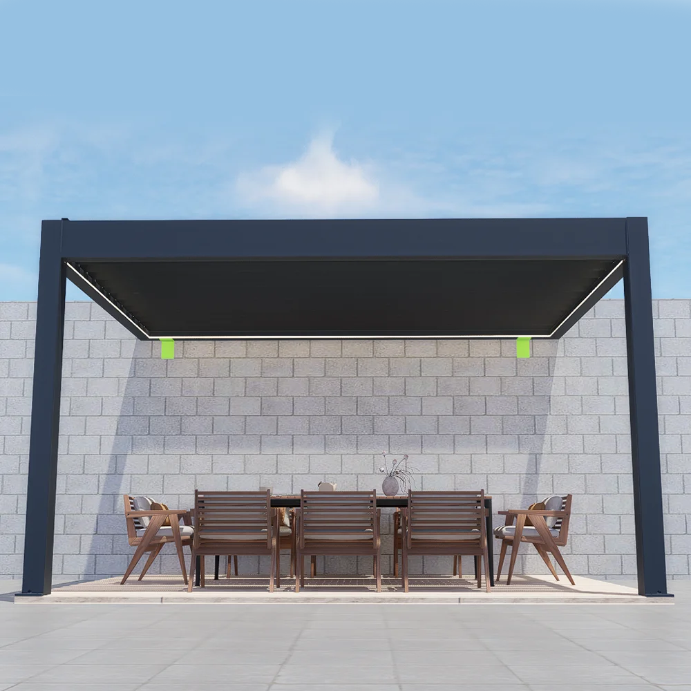 Outdoor Wall-Mounted Motorized Pergola System with Powder Coated Aluminium Louvre Roof for Gardens