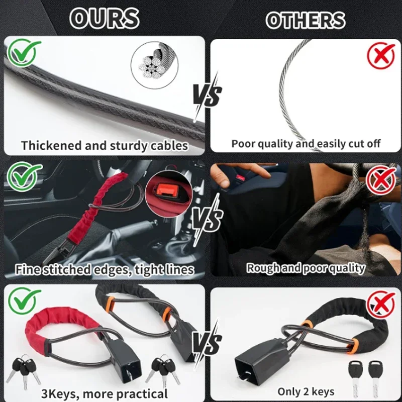 Universal Car Steering Wheel Lock with Seat Belt Buckles with 3 Keys Anti Theft for Vehicles Prevent Theft Durable Security Rope