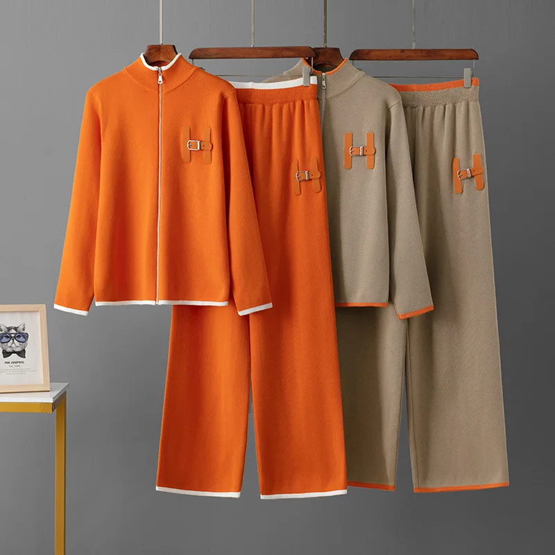 Sete Rajutan Fashion Santai 2025 Mantel Atasan Leher Bulat Ritsleting Musim Semi Musim Gugur + Celana Olahraga Longgar Rajutan Set 2 Potong Elegan Wanita