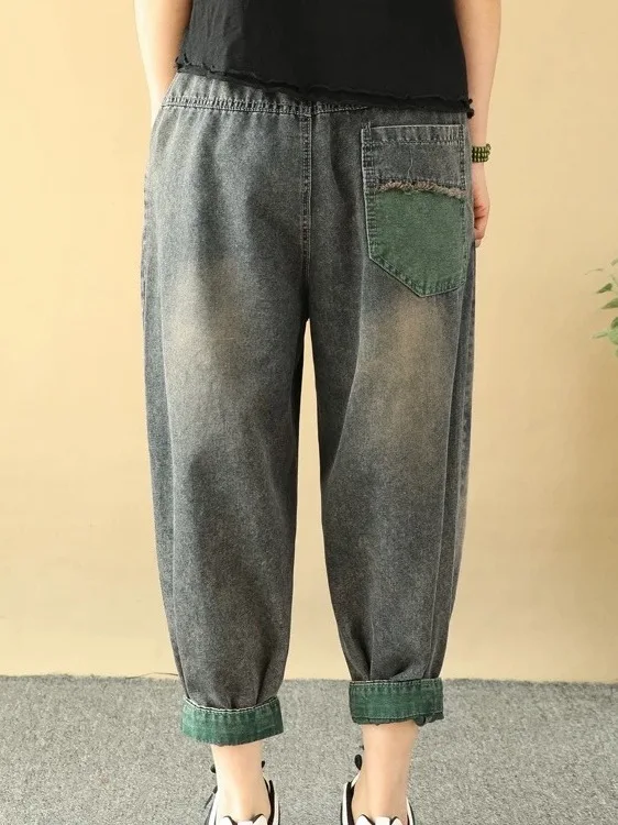 

Retro Four Le Patchwork Loose Women's Jeans Spring Autumn New Sle High Waist Nine Point Harlan Pants Trousers