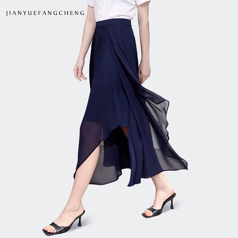 

Women' Casual Blue Chiffon Long Skirt With Slit Tiered Maxi Skirt 2024 Spring Summer Female Clothing