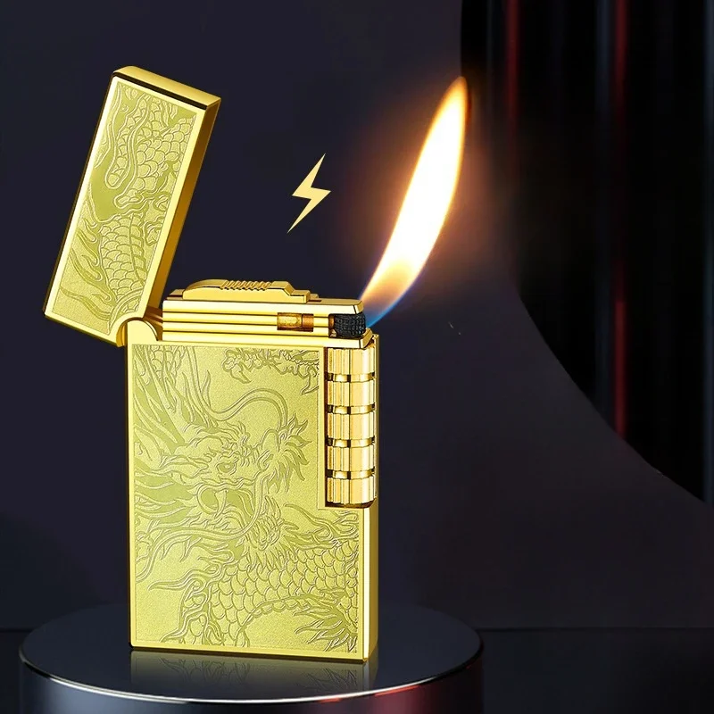 2024 Metal Steel Sound Chinese Dragon Oblique Fire Inflatable Lighter Side Pulley Igniting Butane Gas Pipe Lighters Smoking Gift