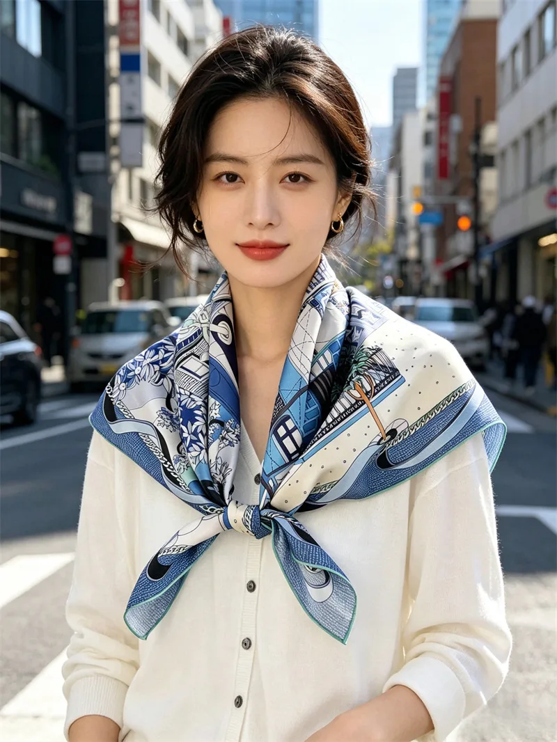 Mulberry Silk Scarf 90CM Twill Square Head Shawls Hand Rolled Edges Bandanas Women Brands Accessories Head Hair Bag Decorations