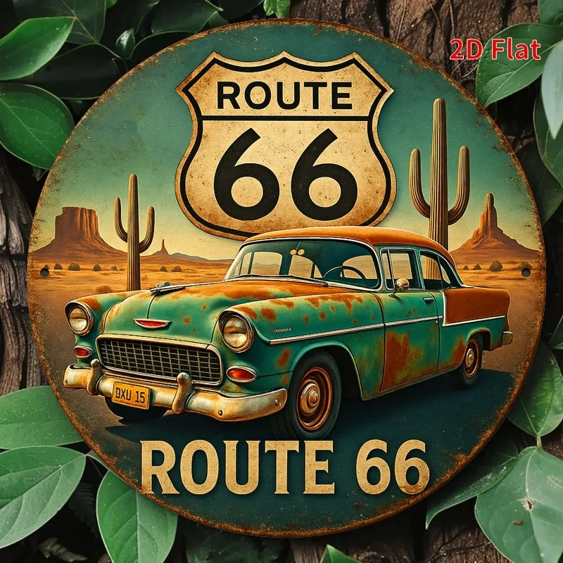 2D Flat Route 66 Tin Sign - Round Aluminum Wall Art 8X8 Inches (20X20 Cm) Vintage Classic Car And Desert Landscape Design