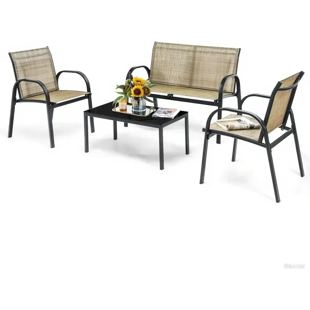 4-Piece Outdoor Patio Furniture Set with Loveseat and 2 Chairs, Steel Frame, Suitable for Garden, Balcony, and Poolside, Brown