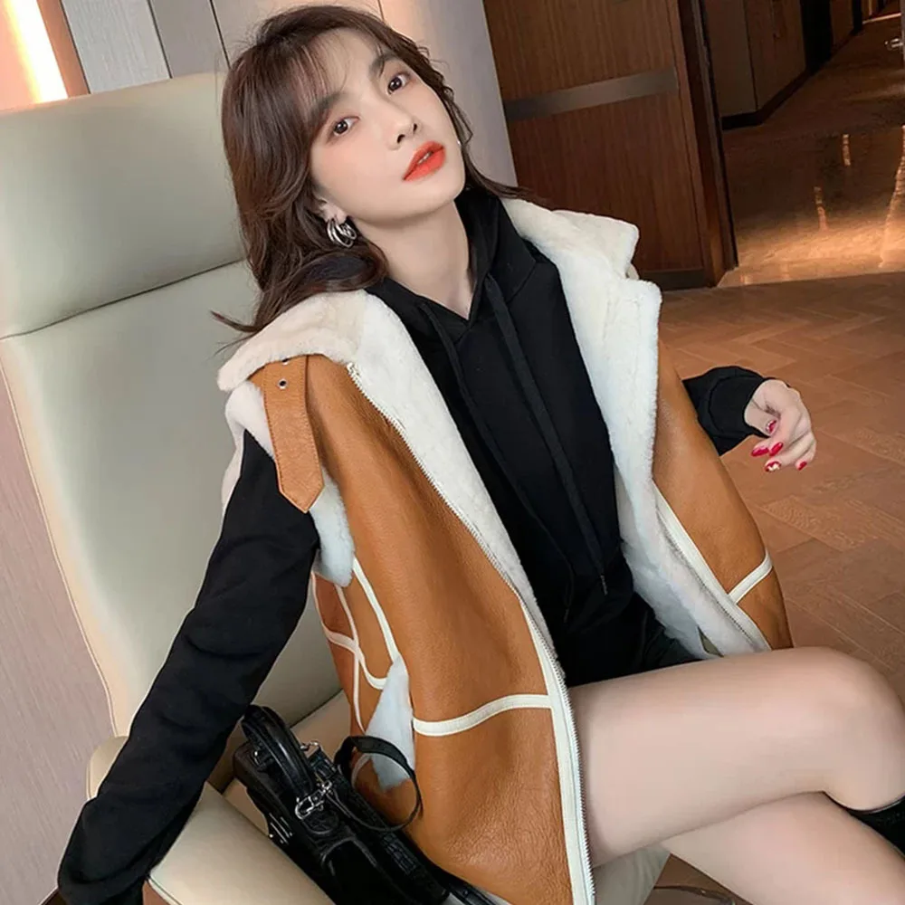 Winter Wool PU Leather Jacket Vest Female Winter Fur Integrated Thick Lamb Korean PU Leather Coat Clothing Fashion Loose