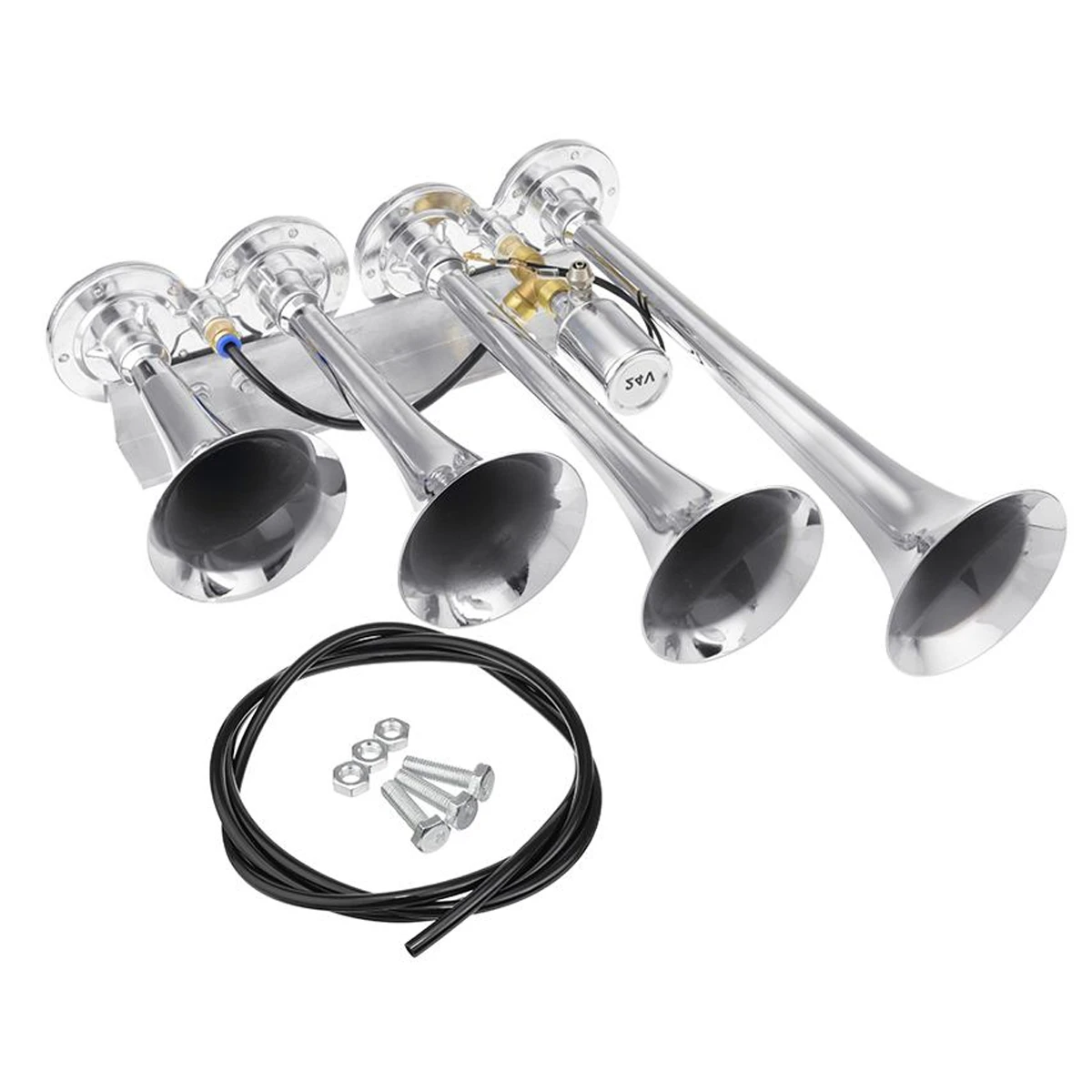 12V / 24V 185Db 4 / Four Super Trumpet Chrome Auto Car Air Horn Set For Car Vehicle Truck Train Boat Yacht Suv Bike 60-150 Psi S