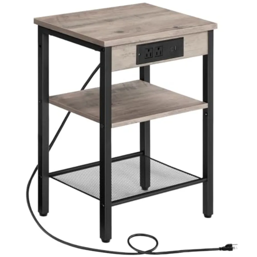 

Side Table with Charging Station and USB Port, Small End Table for Small Space, 3-Tier Nightstand with Adjustable Shelf, for Li