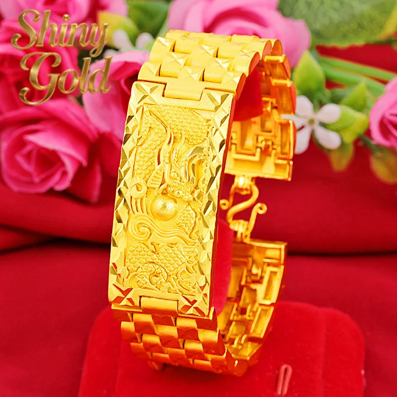 

Мужской браслет-цепочка ShinyGold из 24-каратного золота AU999 с головой дракона, магнитной застежкой и надписями, внушительный дизайн F