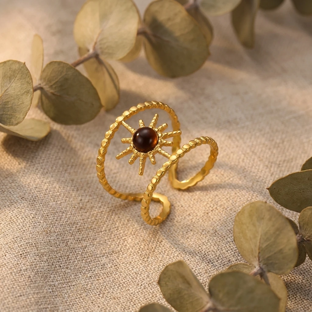 Vintage Edelstahl-Ringe mit Braunem Naturstein für Damen und Herren, Vergoldete Ovale Geometrische Stapelringe, Wasserfester Schmuck – Detail 5