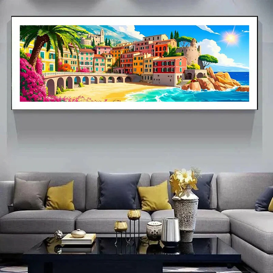 Fullcang Diy Diamonds Art Painting Extra Large Size Seaside Town Scenery Full Drill House Diamond Embroidery Rhinestone Picture