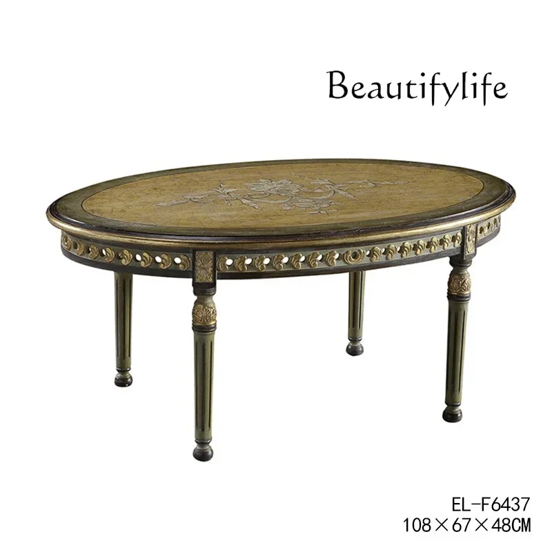 

N European-Style Rural Luxury Solid Wood Handmade Hollow Carved Coffee Table French Retro Hand Painted Oval Tea Table