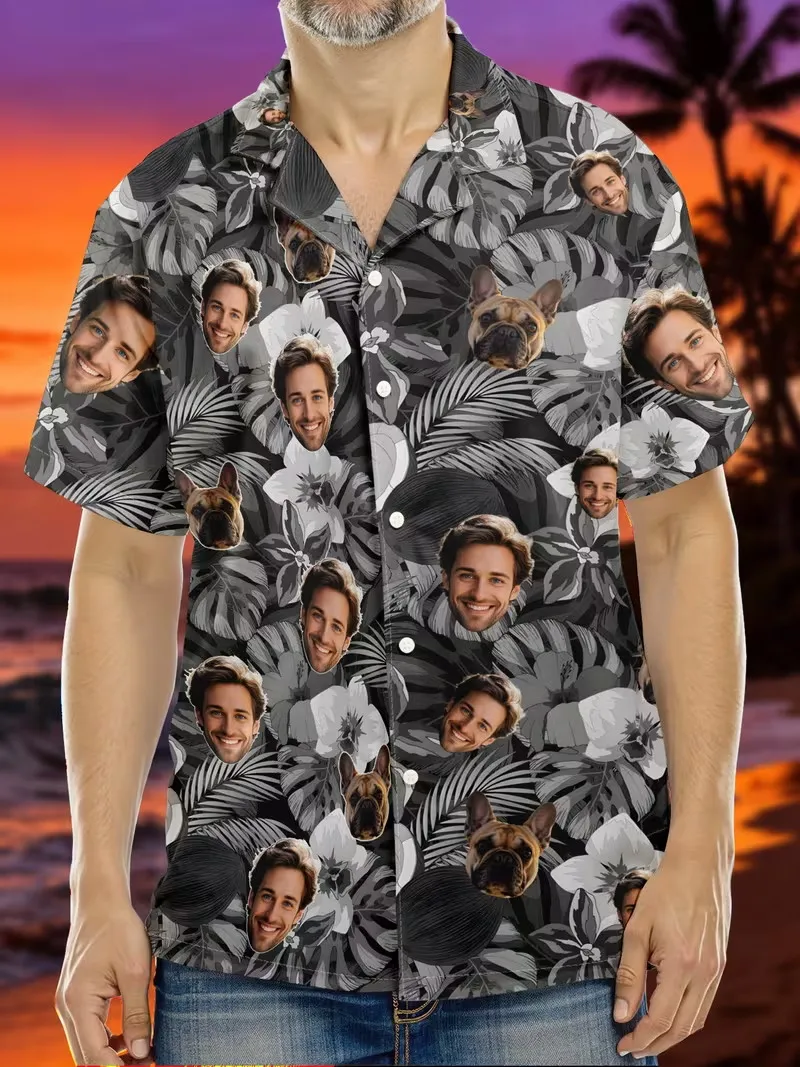 

Customized Photo Design Men's Leafs & Flowers Pattern Print Short Sleeve Lapel Shirt Top Casual Button Up Hawaiian Shirt